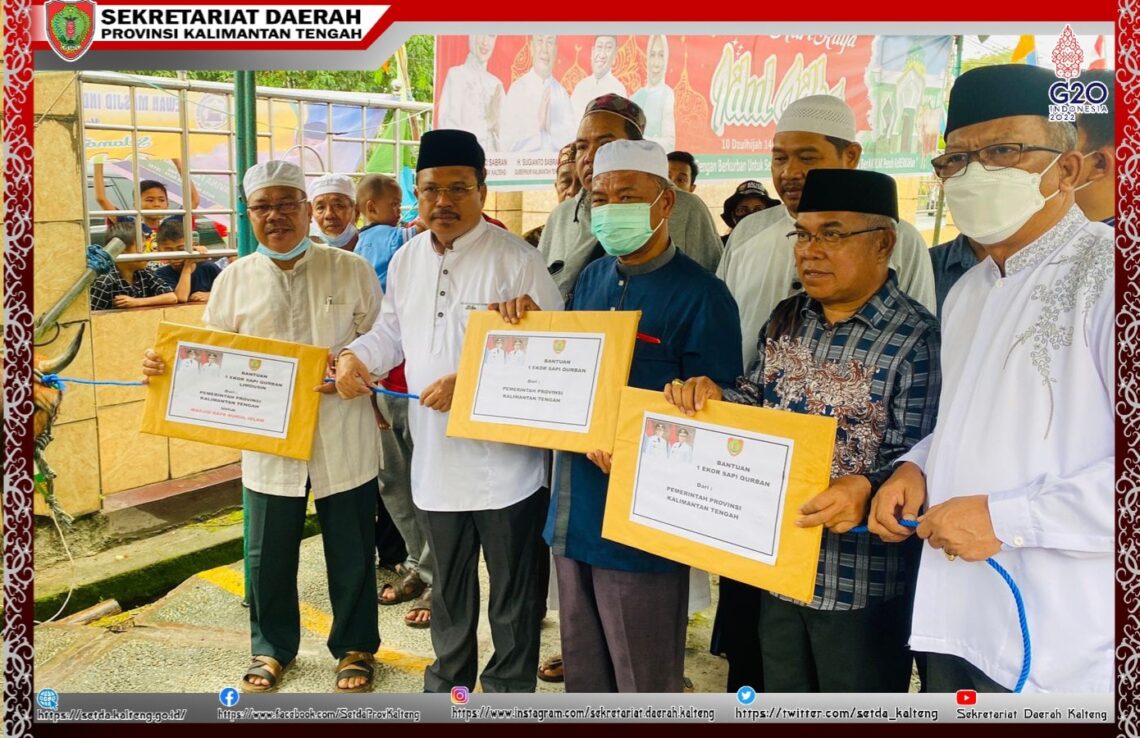 Sekretaris Daerah (Sekda) Nuryakin, mewakili Gubernur Kalimantan Tengah (Kalteng), menyerahkan secara simbolis bantuan sapi kurban dari Pemerintah Provinsi (Pemprov) kepada para pengurus Masjid Nurul Islam, bertempat di halaman Masjid Nurul Islam, Sabtu pagi (9/7/2022).