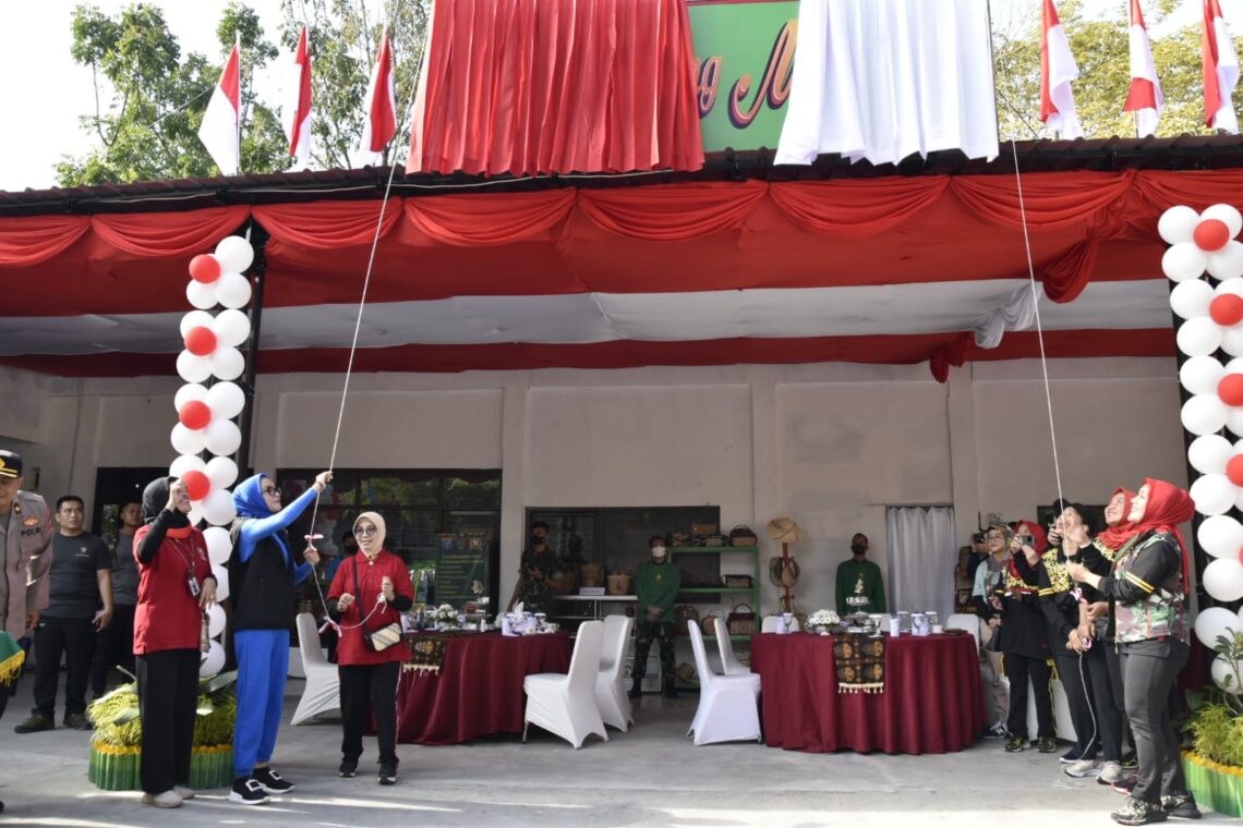 Ketua Dekranasda Prov. Kalteng Ivo Sugianto Sabran saat meresmikan Talawang Mart Warung Berkah ditandai dengan pembukaan tirai