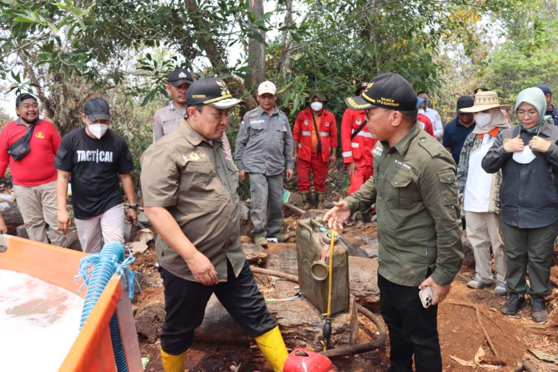 Wakil Gubernur Kalteng H. Edy Pratowo saat berupaya memadamkan api
