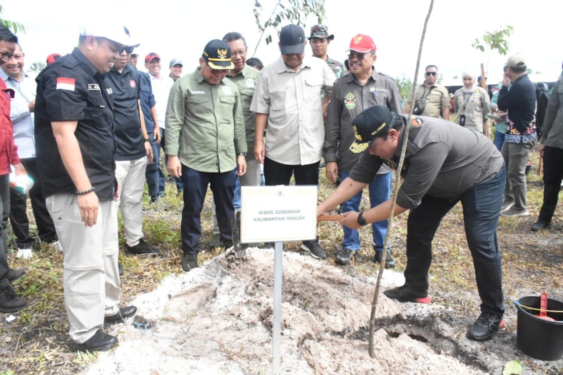 Wagub Kalteng Edy Pratowo dan Sekda Provinsi Kalteng Nuryakin saat mendampingi Wamen LHK RI Alue Dohong usai melakukan penanaman pohon bersama