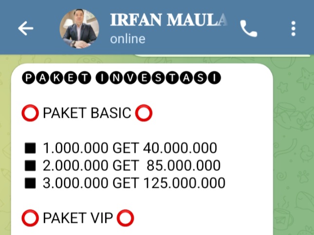 Tangkapan layar penipuan berkedok investasi chat dari si penipu yang mengaku @IRFAN MAULANA di Telegram. Foto: ist.