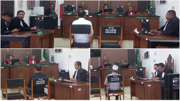 Para terdakwa mendengarkan pembacaan putusan oleh Majelis Hakim Pengadilan Tindak Pidana Korupsi (Tipikor) pada PN Palangka Raya, Kamis (31/7/2025). Foto: Fernando Rajagukguk.