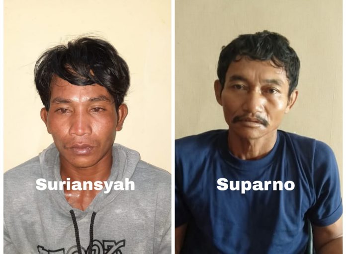 DITANGKAP - Dua pelaku pembunuhan dengan kekerasan di 2 tempat berbeda di Kabupaten Pulang Pisau, Sukriansyah dan Suparno berhasil diciduk polisi kurang dari 1 x 24 jam usai kejadian. Foto : Tbn