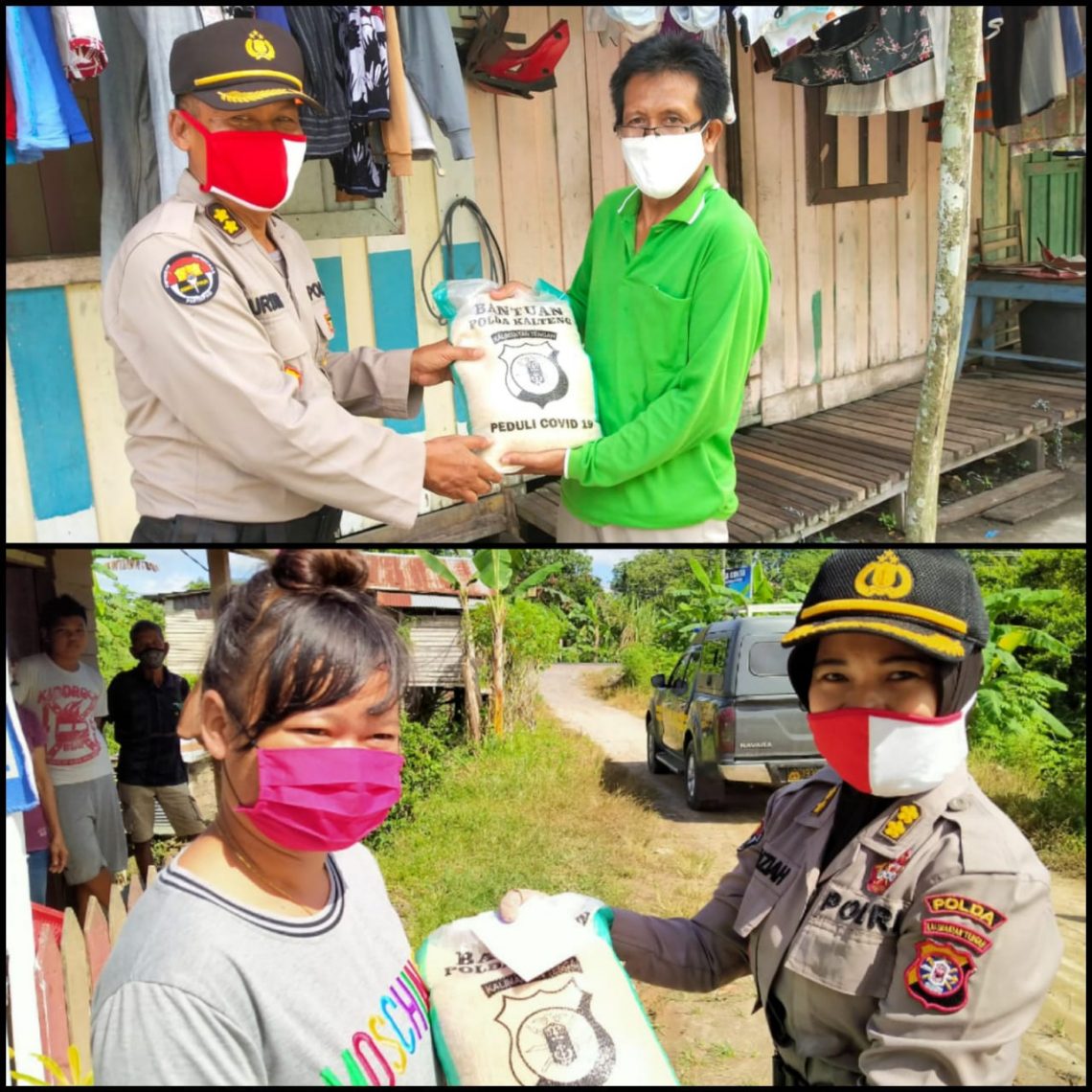 Salah seorang Anggota Kepolisian menyerahkan bantuan sosial (Bansos) kepada warga di Palangka Raya, Jumat (29/5/2020). Foto : Ist