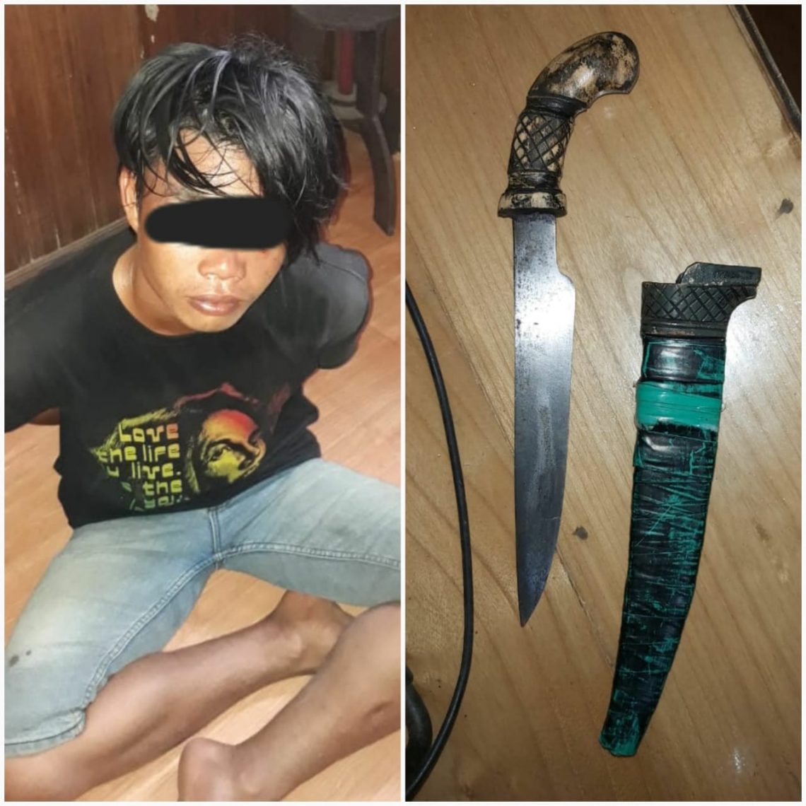 Pelaku penusukan dan barang bukti pisau yang berhasil "diamankan" anggota Polsek Kapuas Kuala. Foto : TBN