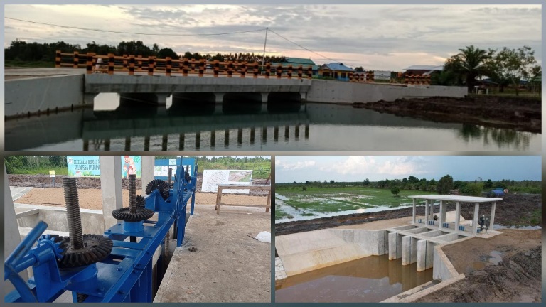 Hasil rehabilitasi dan peningkatan jaringan irigasi serta pembangunan pintu air dan jembatan di kawasan Food Estate di Kabupaten Kapuas Kalimantan Tengah. Foto : Balai WSK II Kalteng