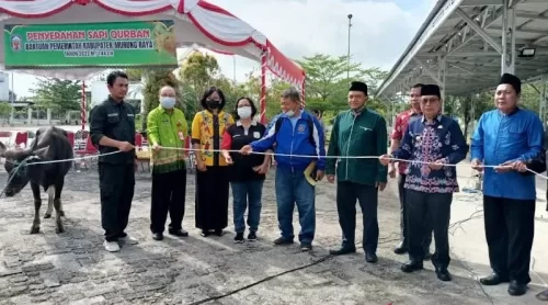 Wakil Bupati Murung Raya Rejikinoor bersama beberapa kepala OPD lingkup pemkab setempat saat penyerahan sapi qurban bantuan pemerintah daerah ke-10 kecamatan yang dilaksanakan di Halaman Masjid Agung Al-Istiqlal Kota Puruk Cahu, Jumat (8/7/2022). Foto : Ist